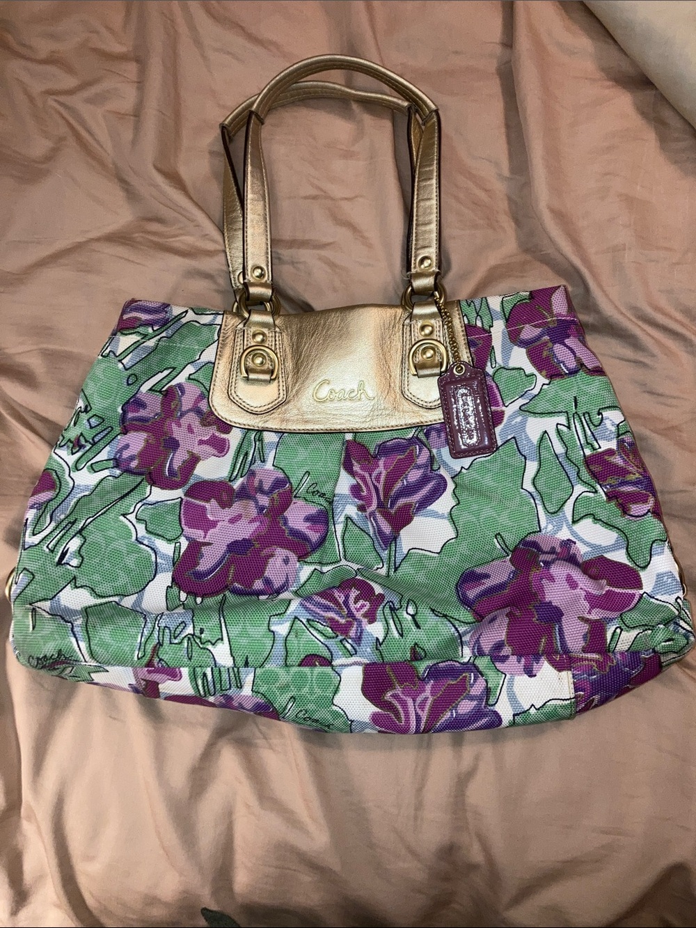 Coach Purple & Green Floral Canvas Tote with Gold Handles